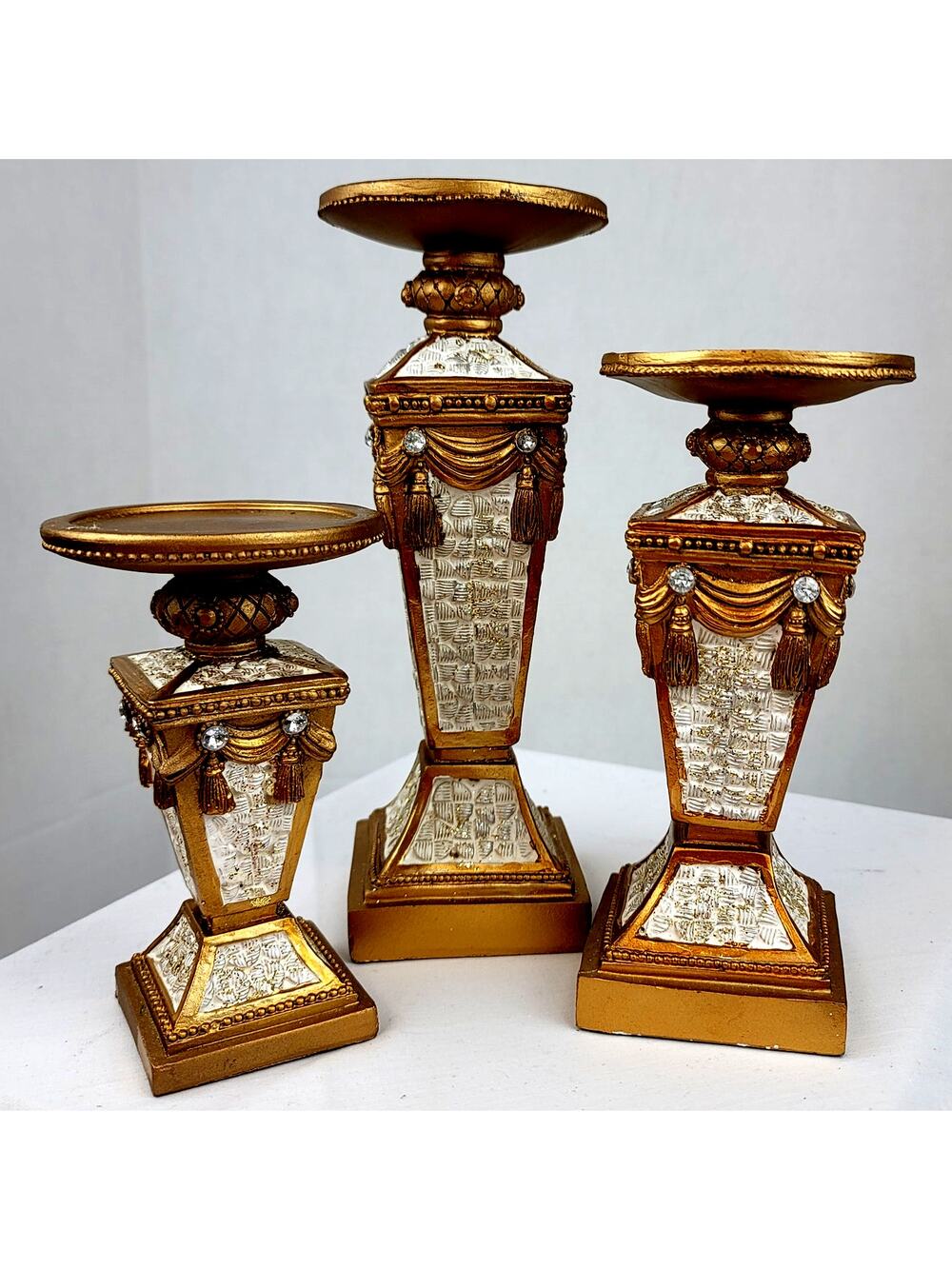 3 Vintage Allure Ornate Gold White Rhinestone Pedestal Pillar Candle Holders